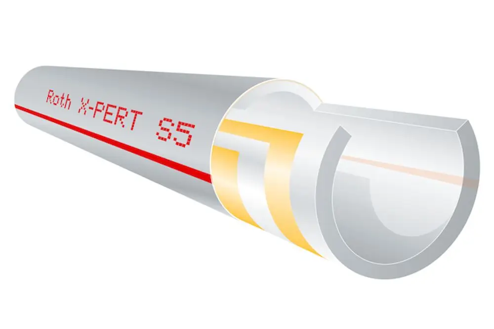 Roth XPERT S5 Rohr, abgebildet in seitlicher Ansicht, zeigt den inneren Aufbau mit unterschiedlichen Schichten für die Anwendung in Heizungs- und Sanitärsystemen.